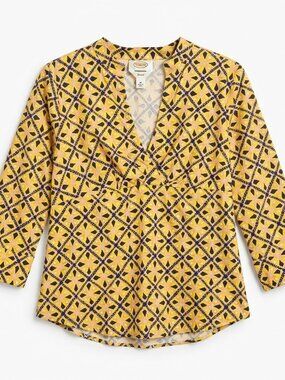 Vintage Talbots Geometric Floral V-Neck Top Size M 3/4 Sleeve Grandma Maximalist